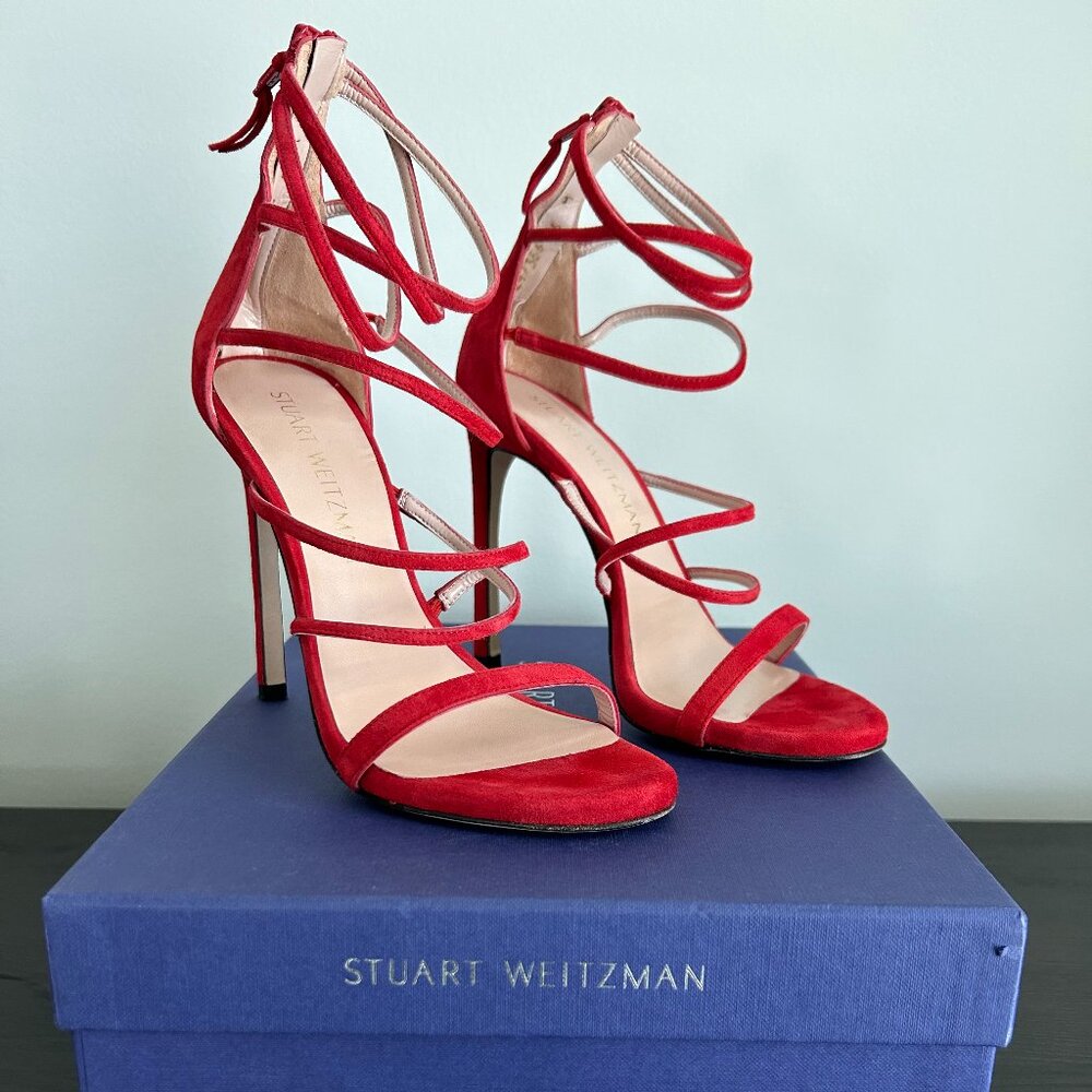 Stuart Weitzman Myex Heeled Sandal in Red Suede